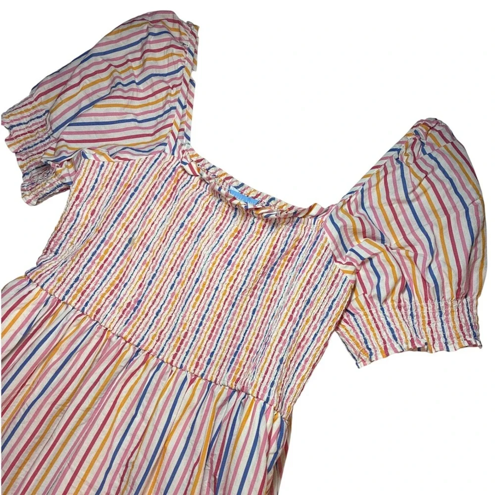 Draper James Womens Striped Smocked Dress Size L‎ Puff Sleeve Square Neck